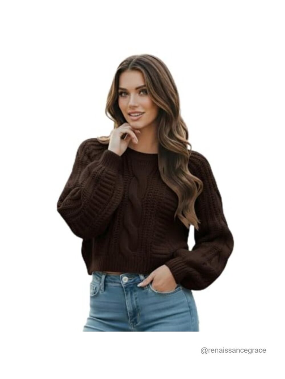 Grewear Cropped Cable Knit Sweater Acrylic Long Sleeve Pullover